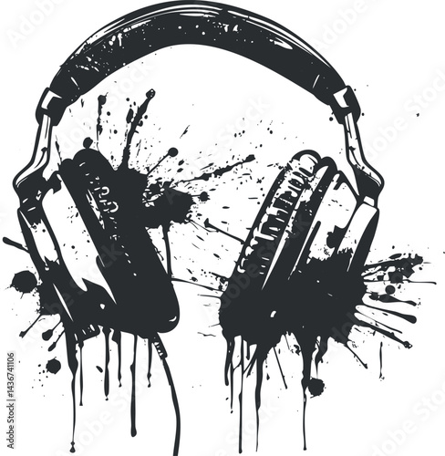 Grunge style black and white illustration of headphones with paint splatter effect, symbolizing music and audio culture.