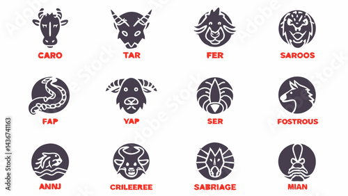 Collection of twelve different animal head icons with names displayed underneath each animal illustration created with generated ai