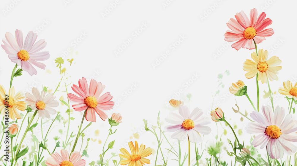 watercolor botanical Chamomile flowers texture template background.Elegant wedding invitation card background . Minimal hand painted Design for wedding or Valentine's Day watercolor botanical Chamomile flowers texture template background.Elegant wedding invitation card background . Minimal hand painted Design for wedding or Valentine's Day