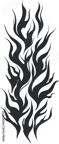 Black tribal flame silhouette design with abstract fiery shapes on white background