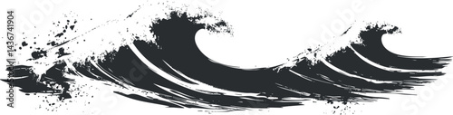 Abstract black and white illustration of ocean waves with dynamic splashes and fluid motion
