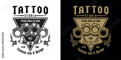 Tattoo studio emblem with brass knuckles and tattoo machines in two styles. Classic vector illustration in retro style, perfect for badges, t-shirt prints and tattoo related designs
