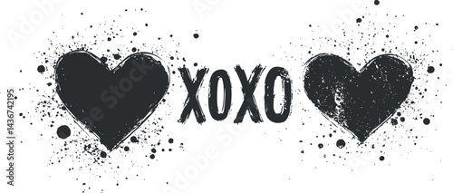 Grunge style black hearts with splatter paint effect and xoxo text symbolizing love and affection