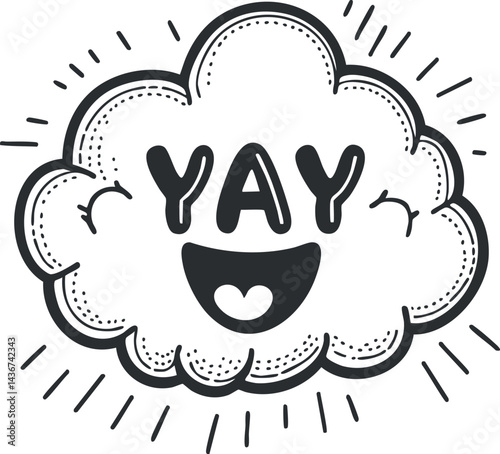Black and white cartoon cloud with happy face and text yay expressing joy and celebration