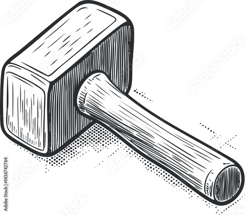 Black and white sketch illustration of a wooden-handled hammer mallet used for carpentry and construction work