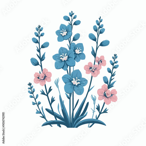 larkspur, flower, blossom, plant, floral, botanical, nature, isolated, illustration, drawing, hand drawn, marigold, graphic, garden, daffodil, vector, rose, art, design, set, summer, background, daisy