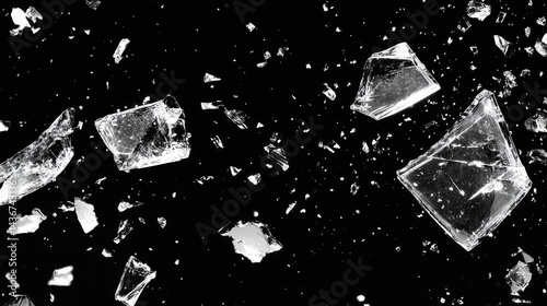 Broken glass fragments scattered across a dark backdrop, suitable for overlay and screen layer effects, with shattered remnants, an illustrative piece