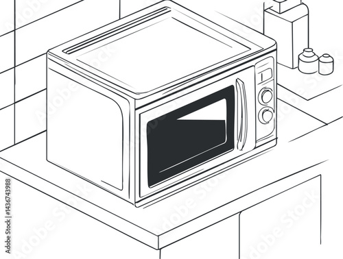 Black and white line drawing of a microwave oven placed on a kitchen countertop with surrounding cabinets and containers.