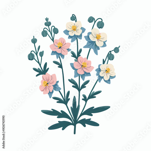 larkspur, flower, blossom, plant, floral, botanical, nature, isolated, illustration, drawing, hand drawn, marigold, graphic, garden, daffodil, vector, rose, art, design, set, summer, background, daisy
