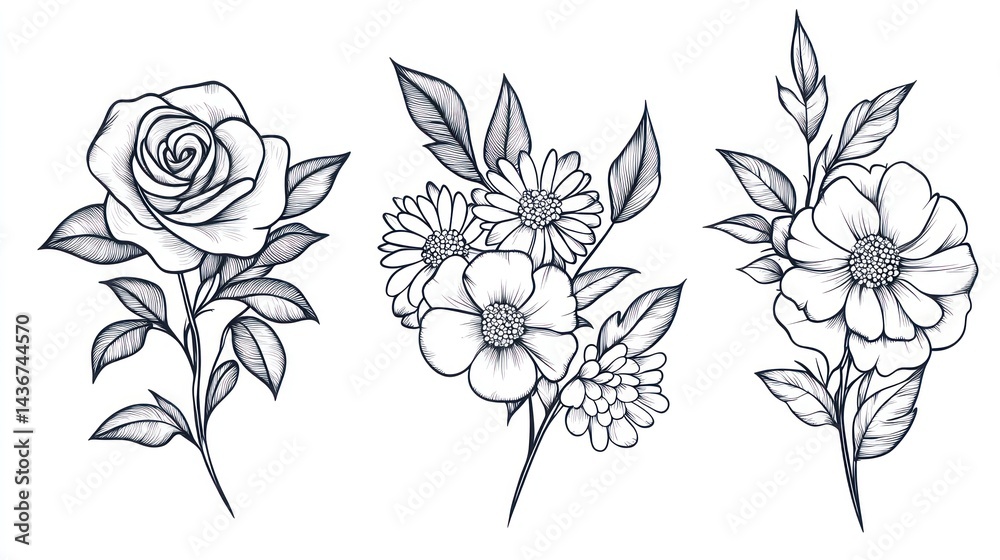 Elegant floral line art bouquet; rose, daisy, anemone; design element Elegant floral line art bouquet; rose, daisy, anemone; design element