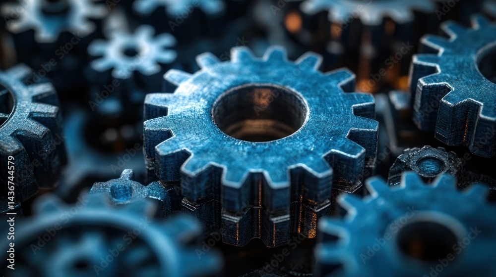 Close-up of metal gears showing mechanical parts in a blue toned setting. Close-up of metal gears showing mechanical parts in a blue toned setting.
