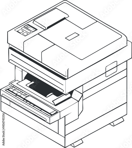 Black and white line drawing of a multifunction office printer copier scanner fax machine with paper trays