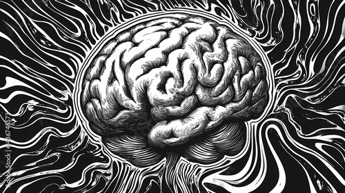 Detailed black-and-white illustration of human brain surrounded by spiral lines symbolizing intelligence, memory, and thought processes. Mind Spiral. Illustration