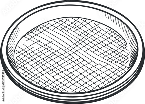 Black and white sketch of a round kitchen sieve with mesh for straining or filtering food ingredients.