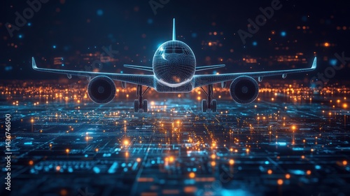 Airplane illustration over a futuristic city with glowing blue and orange lights.