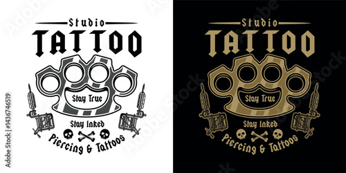 Tattoo studio emblem with brass knuckles and tattoo machines in two styles. Classic vector illustration in retro style, perfect for badges, t-shirt prints and tattoo related designs