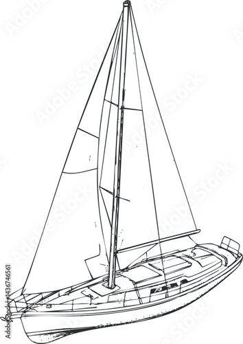 Black and white line drawing of a sailboat with detailed sails and deck isolated on white background