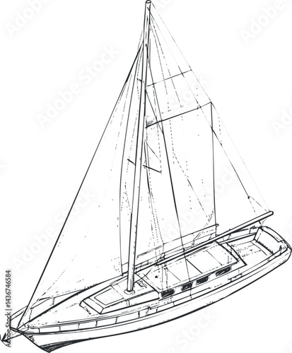 Detailed black and white sketch of a classic sailboat with mast and sails for nautical and marine themes