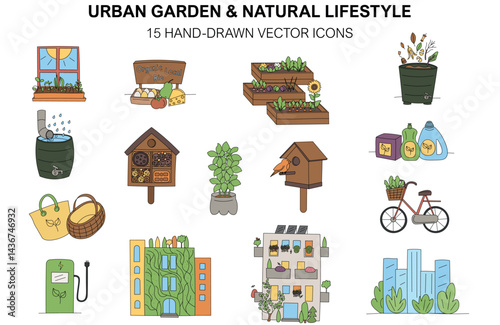 A collection of 15 hand-drawn vector icons inspired by urban gardening and natural living.