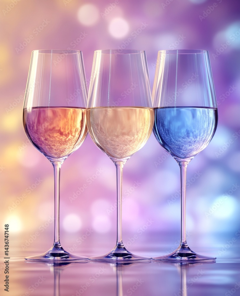 A pink background serves as the perfect backdrop for a row of pastel-colored wine glasses, great for summer events, parties, or product showcases A pink background serves as the perfect backdrop for a row of pastel-colored wine glasses, great for summer events, parties, or product showcases