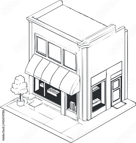 Isometric line art illustration of a small commercial building with storefront windows and awning