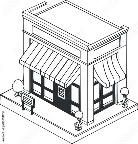 Black and white line art illustration of a small commercial storefront building with awnings and potted plants on a corner sidewalk.