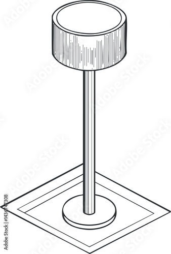 Black and white line drawing of a modern floor lamp with cylindrical shade and round base