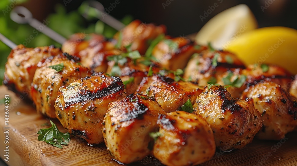 Grilled chicken skewers with lemon garnish presented close-up on a dark surface.