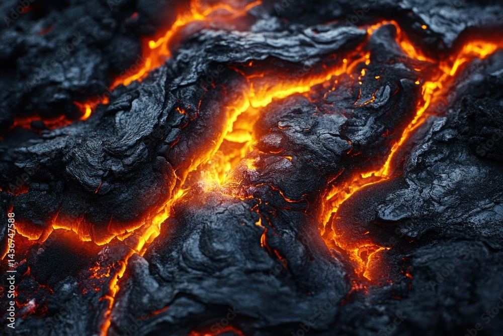 Molten lava flows through dark, rough volcanic rock, creating a fiery contrast. Molten lava flows through dark, rough volcanic rock, creating a fiery contrast.