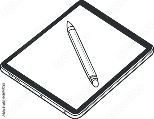 Black and white illustration of a digital tablet with a stylus pen on the screen, representing modern technology and creative digital tools.
