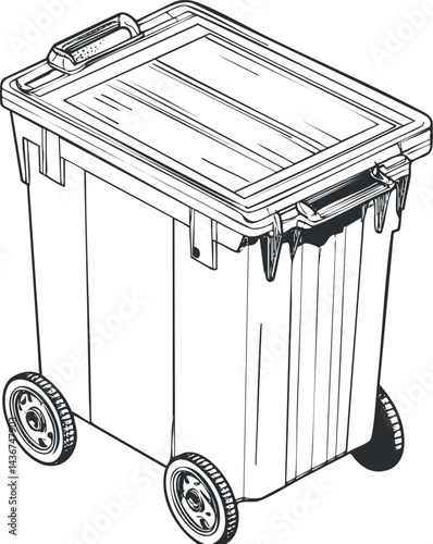 Black and white line drawing of a large outdoor plastic trash bin with wheels and a lid for waste disposal.