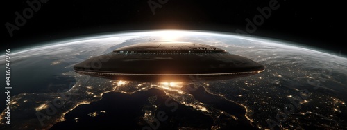 Un objet volant non identifié survolant la planète Terre illuminée, fond sombre et lumineux, vue sur le continent européen, image avec espace pour texte.