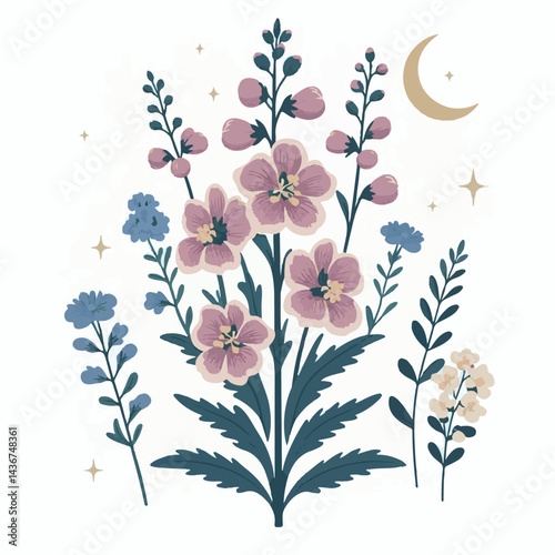 larkspur, flower, blossom, plant, floral, botanical, nature, isolated, illustration, drawing, hand drawn, marigold, graphic, garden, daffodil, vector, rose, art, design, set, summer, background, daisy