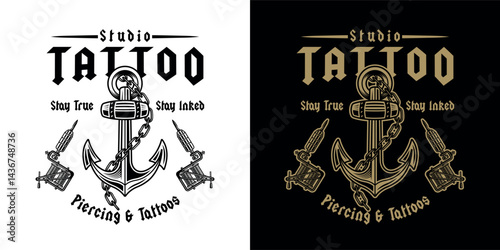 Tattoo studio emblem with anchor and tattoo machines in ltwo styles. Perfect for tattoo shop branding, apparel, stickers, and retro style designs. Nautical theme with bold detailing