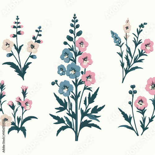 larkspur, flower, blossom, plant, floral, botanical, nature, isolated, illustration, drawing, hand drawn, marigold, graphic, garden, daffodil, vector, rose, art, design, set, summer, background, daisy