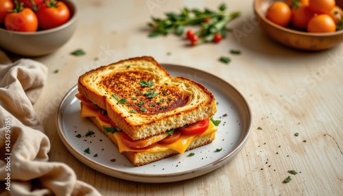 Vibrant croque monsieur set in the top left corner on a soft beige background, in a modern food photography style, with natural warmth, open space, high resolution