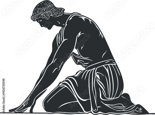 Illustration of an ancient Greek male figure kneeling gracefully in classical attire with a headband.