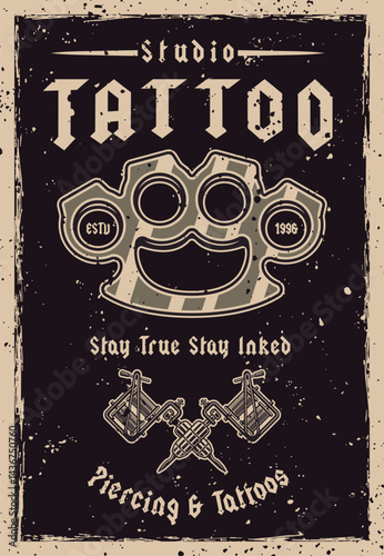 Vintage tattoo studio poster vector illustration with classic tattoo machines, skull, and bold typography. Perfect for tattoo shop branding, retro designs, and artistic emblem creation
