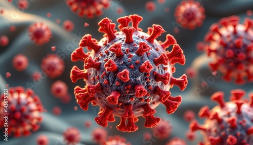 Fototapeta Naklejka Na Ścianę i Meble -  A microscopic world unfolds in a 3D render, revealing the intricate structure of the COVID 19 virus, with its crown like spike proteins that protrude from the outer shell