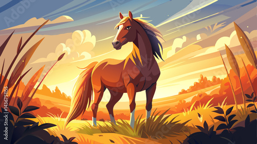 A majestic brown horse stands gracefully in a sunlit field, surrounded by tall grass, with golden hour lighting casting a warm glow over the serene autumn landscape