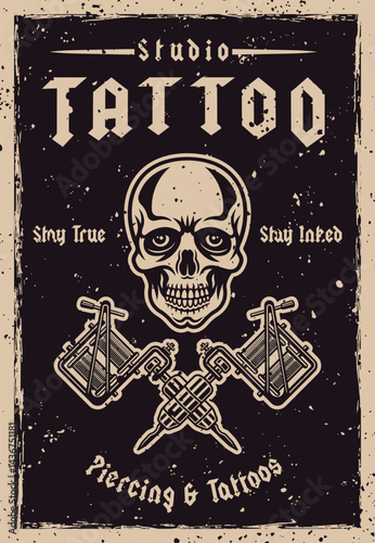 Vintage tattoo studio poster vector illustration with classic tattoo machines, skull, and bold typography. Perfect for tattoo shop branding, retro designs, and artistic emblem creation