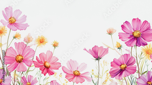 watercolor botanical Cosmos flowers texture template background.Elegant wedding invitation card background . Minimal hand painted Design for wedding or Valentine's Day