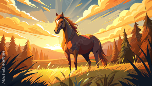 A majestic brown horse stands gracefully in a sunlit field, surrounded by tall grass, with golden hour lighting casting a warm glow over the serene autumn landscape