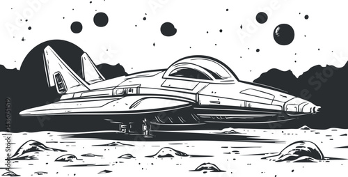 Black and white illustration of a futuristic spaceship landing on a rocky moon surface with planets and stars in the background.