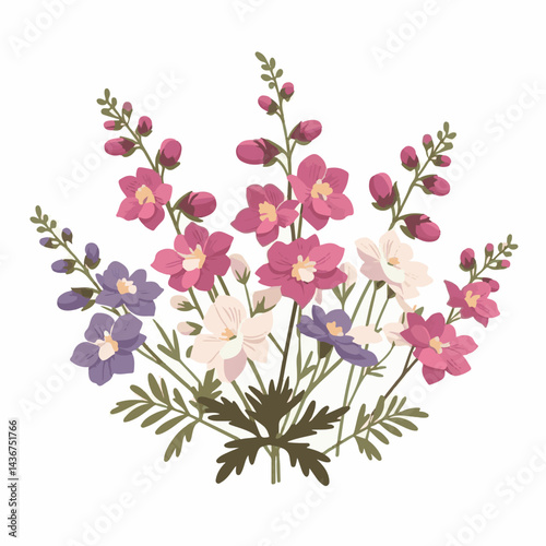 larkspur, flower, blossom, plant, floral, botanical, nature, isolated, illustration, drawing, hand drawn, marigold, graphic, garden, daffodil, vector, rose, art, design, set, summer, background, daisy