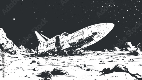 Black and white illustration of a crashed spacecraft on a rocky moon surface under a starry sky.