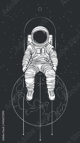 Illustration of an astronaut sitting on a planet in outer space surrounded by stars and cosmic background