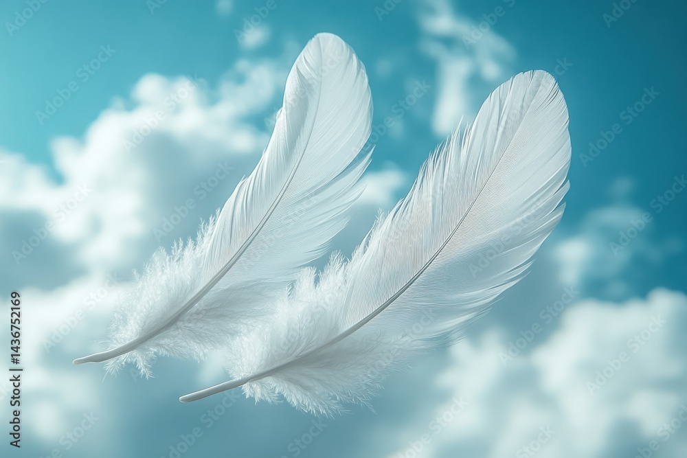 Fototapeta premium White feathers float with blue sky.