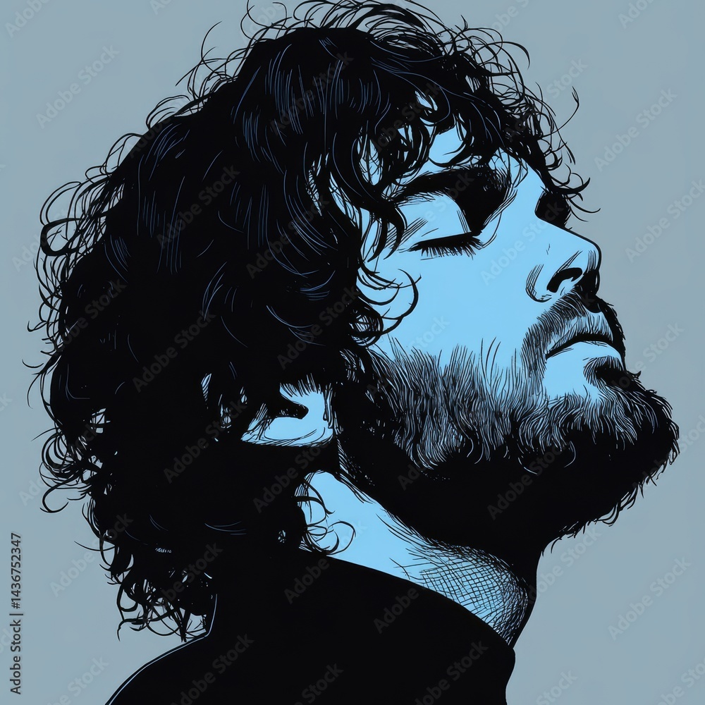 Fototapeta premium A monochrome portrait of a stylishly bearded man with curly long hair, suitable for a variety of uses including fashion, design, and character illustrations