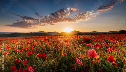 field of red poppies at sunset rememberance day generative ai image